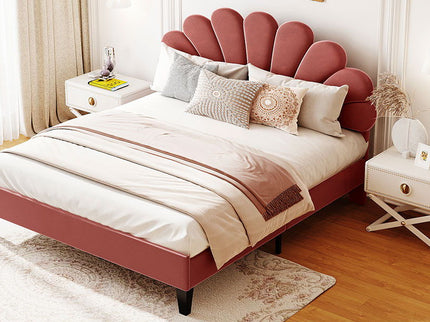 Upholstered Platform Bed With Flower Pattern Headboard