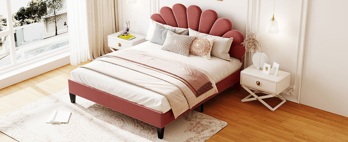 Upholstered Platform Bed With Flower Pattern Headboard