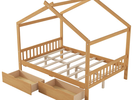House Style Platform Bed With Headboard, Footboard, 2 Drawers, And Roof Design
