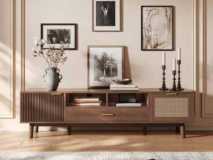 TV Stand For 75" TVs With Soft Closing Doors, Console With Accents And Drop Down Cabinet - Dark Brown