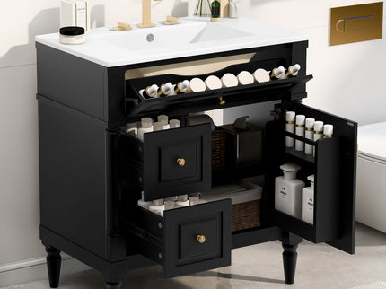 Modern Bathroom Vanity With Sink, Freestanding Cabinet With Flip Drawer & Adjustable Shelf