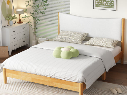 Queen Size Rubber Wooden, Solid Wooden Bed With Teddy Velvet Cushion Upholstered Headboard, Enhanced By Support Feet - Natural