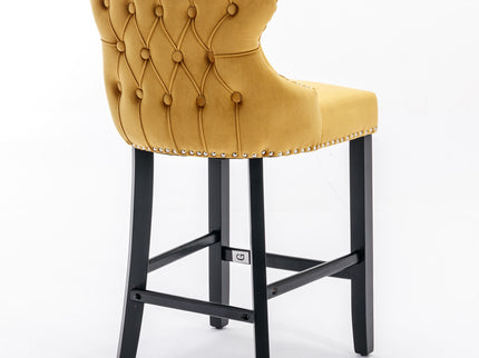 Contemporary Upholstered Wing-Back Barstools With Button Tufted Decoration And Wooden Legs, And Nailhead Trim, Leisure Style Bar Chairs, Bar Stools (Set of 2)