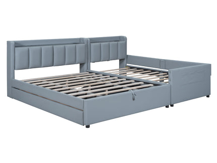 Upholstered Mother & Child Bed With Hydraulic Storage System, Drawer Box, Bedhead Storage Shelf And 2 Pairs Of Sockets & USB Ports