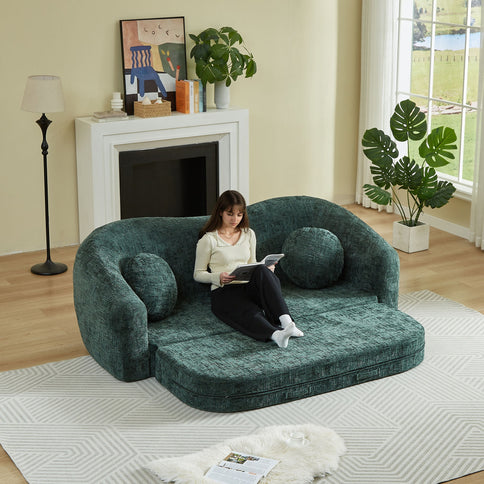 Curved Convertible Sofa, 2 In 1 Frameless Folding Sofa Bed With Pull Out Base And Deep Seat