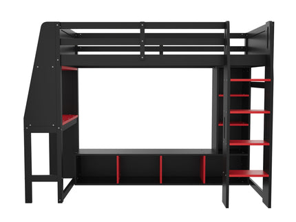 Gaming Loft Bed With Desk, Multi Storage Shelves, LED Lighting, And Hanging Clothes Rack
