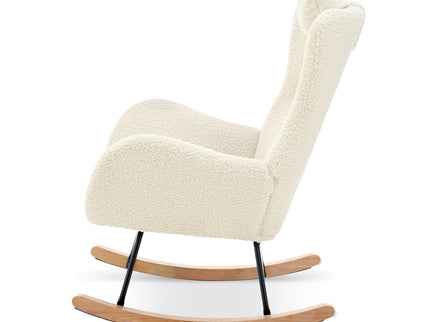 Rocking Chair Nursery, Teddy Upholstered Rocker Glider Chair With High Backrest, Adjustable Headrest & Pocket, Comfy Glider Chair For Nursery, Bedroom, Living Room, Offices, Rubber Wood