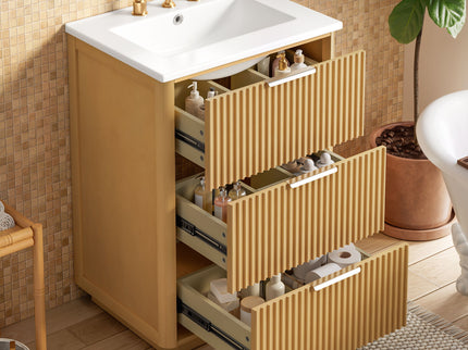 Bathroom Vanity With Sink, Open Shelf & Closed Storage - Natural Wood