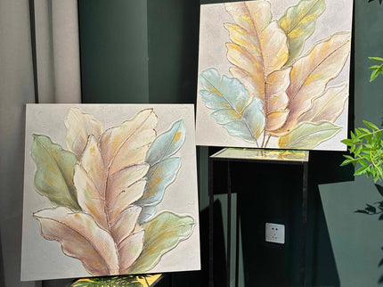 Botanical Leaf Wall Art, Textured Canvas Painting With Accents, Framed Decor For Living Room (Set of 2) - Green Leaf