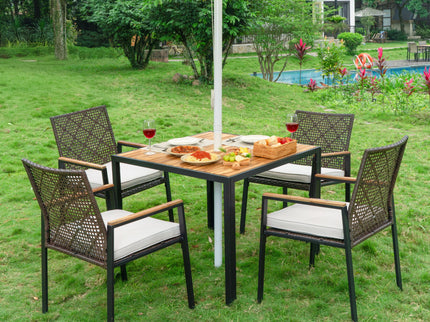 5 Piece Patio Dining Table Set, Acacia Wood Table Top With Umbrella Hole