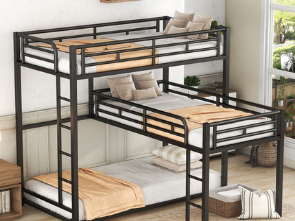 L-Shaped Triple Twin Size Bunk Bed, Industrial Design With Integrated Ladder And Full Length Guardrails - Black