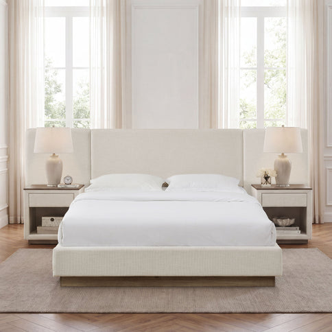 Muse - Queen Upholstered Platform Bed Frame - Ivory / Light Gray / Camel Oak