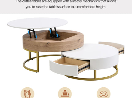 Modern Round Lift-Top Nesting Coffee Tables With 2 Drawers