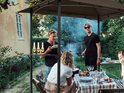 Outdoor Grill Gazebo With Double Tier Soft Top Canopy, Steel Frame, Bar Counters & Hook