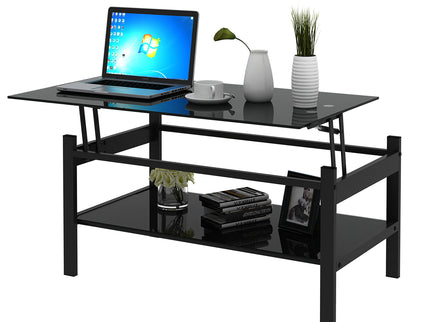 Glass Lift Top Coffee Table, Modern Simple 2-Layer Tempered Glass Coffee Table For Living Room - Black
