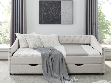 Upholstered Tufted Daybed With Drawers, Waved Arms