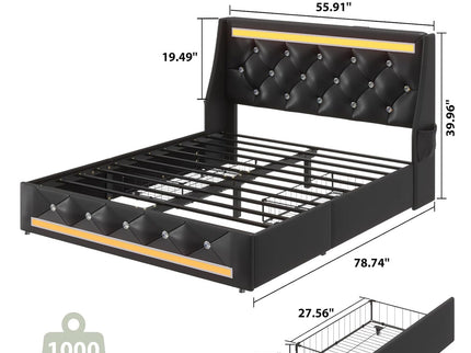 Wingback Upholstered Bed Frame With LED Lights, Charging Station