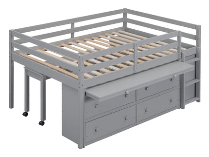 Loft Bed With Retractable Writing Desk And 4 Drawers, With Lateral Portable Desk And Shelves