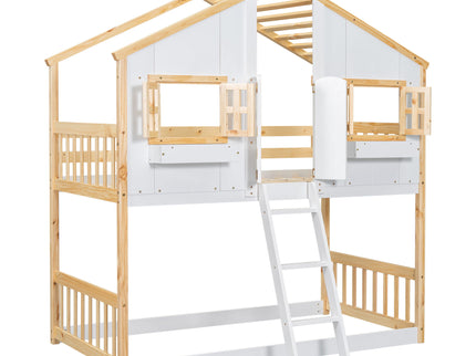 House Bunk Bed With Roof, Window, Window Box, Door, With Safety Guardrails And Ladder