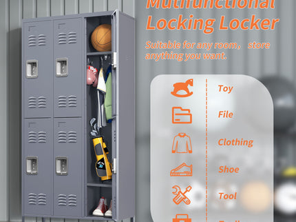 6 Door Lockers With Lock For Employees, Storage Cabinet For Home, Gym, Office, School, Garage - Gray