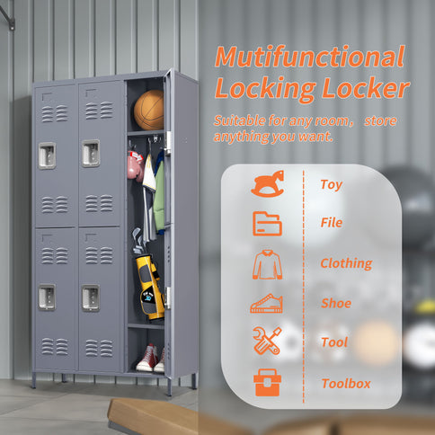 6 Door Lockers With Lock For Employees, Storage Cabinet For Home, Gym, Office, School, Garage - Gray