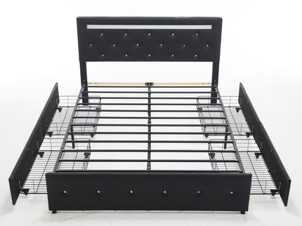 Upholstered Bed Frame With LED Lights, 4 Storage Drawers, Charging Station