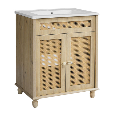 Bathroom Vanity With Handwoven Rattan Doors, Resin Basin - Natural Wood