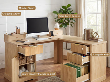 Fluted L-Shaped Desk With Charging Station & Storage Cabinet