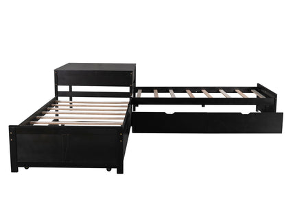 L Shaped Platform Bed With Trundle And Drawers Linked With Built In Desk