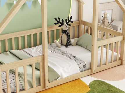 Wood House-Shaped Floor Bed With Fence, Guardrails