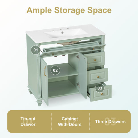 Modern Bathroom Vanity With Sink, 3 Drawers & 2 Doors