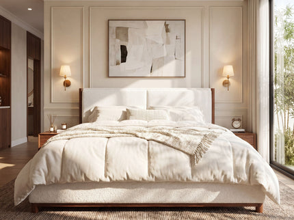 King Upholstered Bed Frame, No Box Spring Needed - Walnut / White
