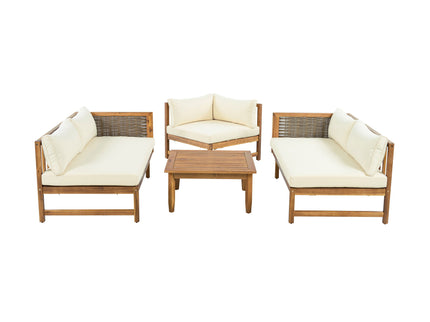 Premium Outdoor Sofa Set With Waterproof Cushions Sectional Seating Group With Acacia Wood And Wicker - Brown Mix / Beige
