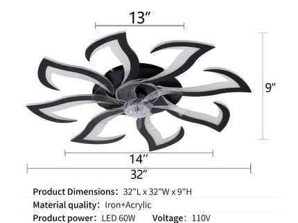 Flower Ceiling Fan With Remote Controlled LED Light, Flush Mount DC Motor Fan