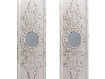 Large Wooden Wall Art Panels With Distressed Round Mirror Accents (Set of 2) - White