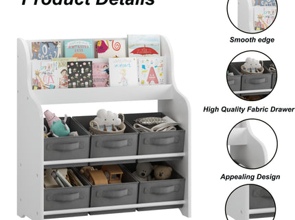 Bookshelf With 6 Storage Bins, Multi Functional Children's Bookcase And Toy Organizer - White