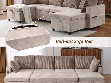 Sectional Sofa Bed With Pull Out Sleeper, USB Ports, Cup Holders