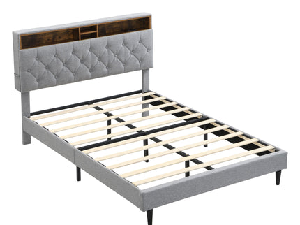 Modern Upholstered Platform Bed Frame With Button Tufted Headboard And USB Ports
