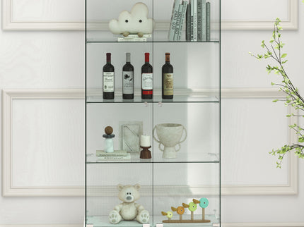 Glass Display Cabinet With LED Lights, Tempered Glass Doors, Large Drawers, 2 Door Storage Case With 4 Shelves - Natural / White