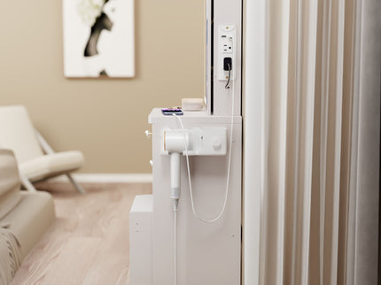 Cabinet Vanity Table & Cushioned Stool, USB Power Station, Hair Dryer Bracket - White