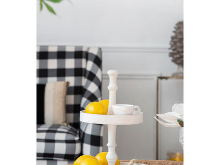 Two Tiered Round Wooden Tray - White