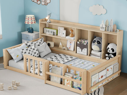 Platform Bed Frame With Guardrail, Storage Shelves & Bookshelf