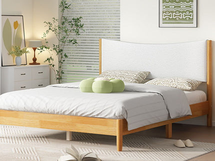 Queen Size Rubber Wooden, Solid Wooden Bed With Teddy Velvet Cushion Upholstered Headboard, Enhanced By Support Feet - Natural