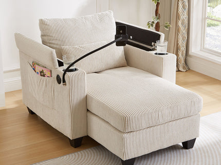 Convertible Chaise Lounge Sofa Chair With USB Ports, Cup Holders, Phone Holder And Storage
