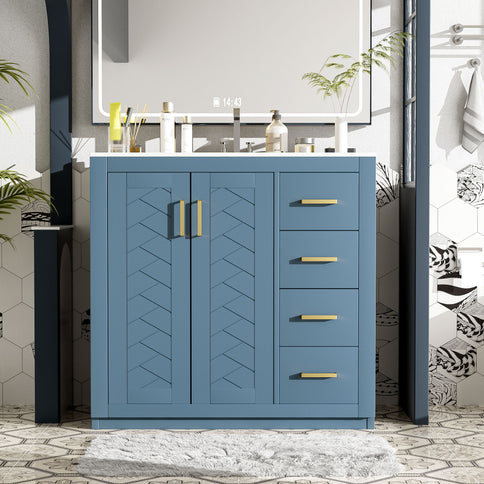 Bathroom Vanity With Sink, Storage Cabinet, Freestanding Set With 3 Drawers & Soft Closing Doors - Indigo