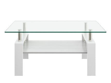 Modern Rectangular Coffee Table With Tempered Transparent Glass Top And Storage Shelf