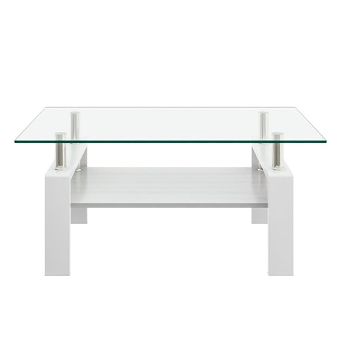Modern Rectangular Coffee Table With Tempered Transparent Glass Top And Storage Shelf