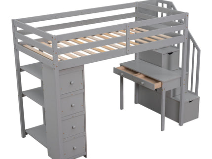 Loft Bed With Storage Drawers, Desk And Stairs With Shelves