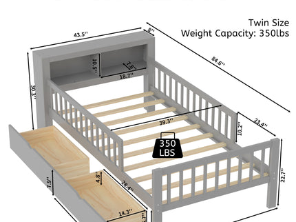 Bed With Headboard Storage Rack, 2 Under Bed Drawers, 3 Side Guardrails For Safety