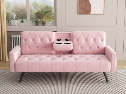 Sofa Bed With Nail Head Trim And Cup Holders - Pink